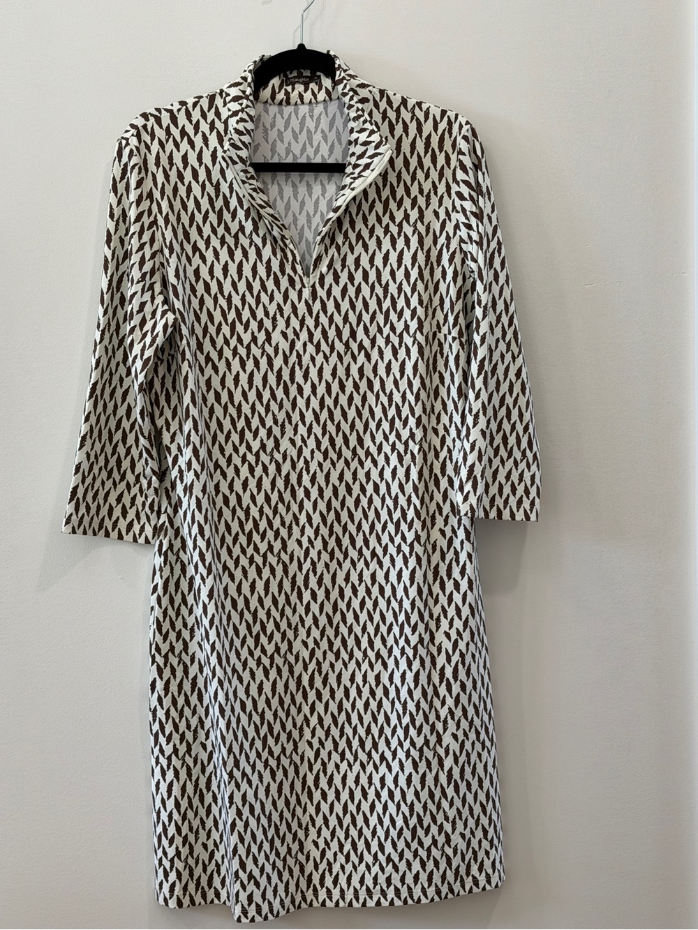 J. McLaughlin Cream and Brown Geometric Mock Neck Shift Dress